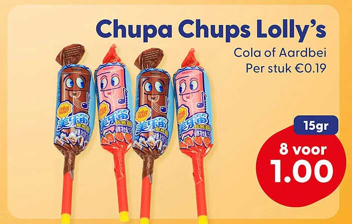 Chupa Chups Lolly’s Cola of Aardbei Per stuk €0.19 15gr 8 voor 1.00