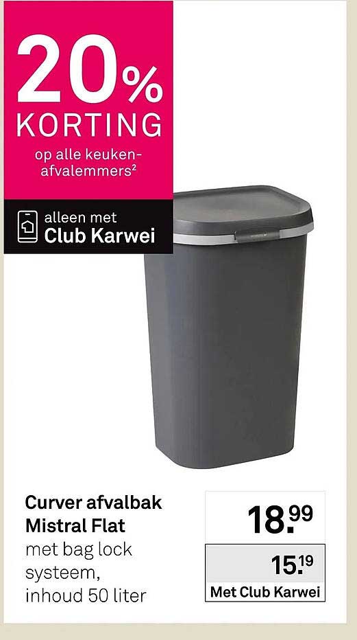 Curver afvalbak Mistral Flat met bag lock systeem, inhoud 50 liter 20% KORTING op alle keuken-afvalemmers alleen met Club Karwei