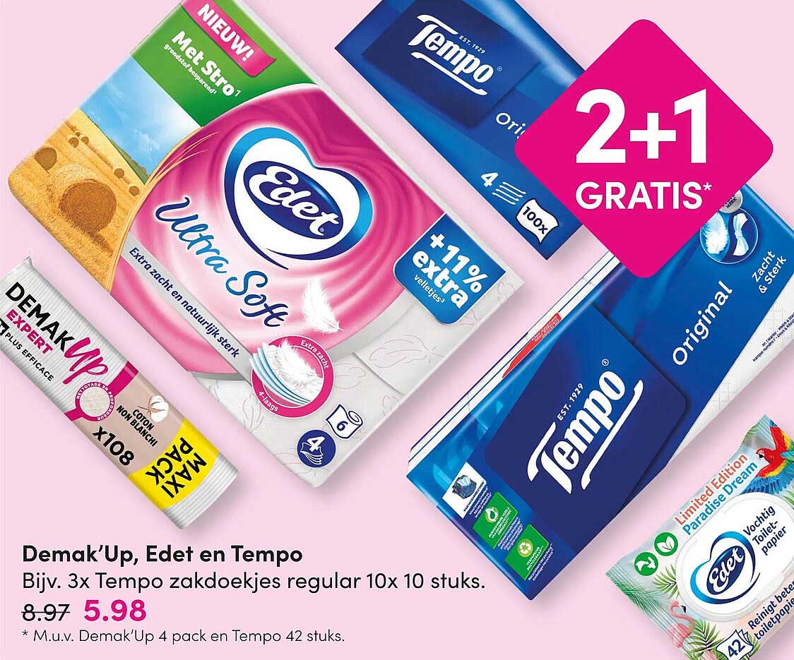 Demak’Up, Edet en Tempo Bijv. 3x Tempo zakdoekjes regular 10x 10 stuks. 2+1 GRATIS*