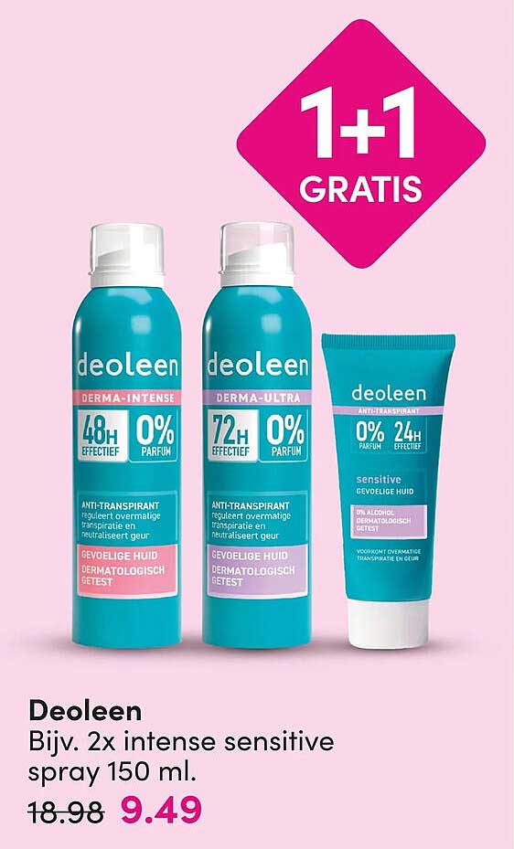 Deoleen Bijv. 2x intense sensitive spray 150 ml. 1+1 GRATIS