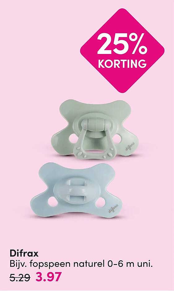 Difrax Bijv. fopspeen naturel 0-6 m uni. 25% KORTING
