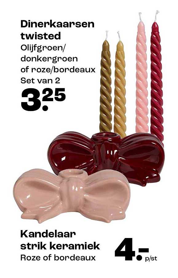 Dinerkaarsen twisted Olijfgroen/donkergroen of roze/bordeaux Set van 2