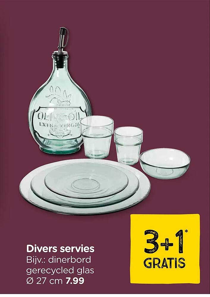 Divers servies Bijv.: dinerbord gerecycled glas Ø 27 cm 3+1 gratis