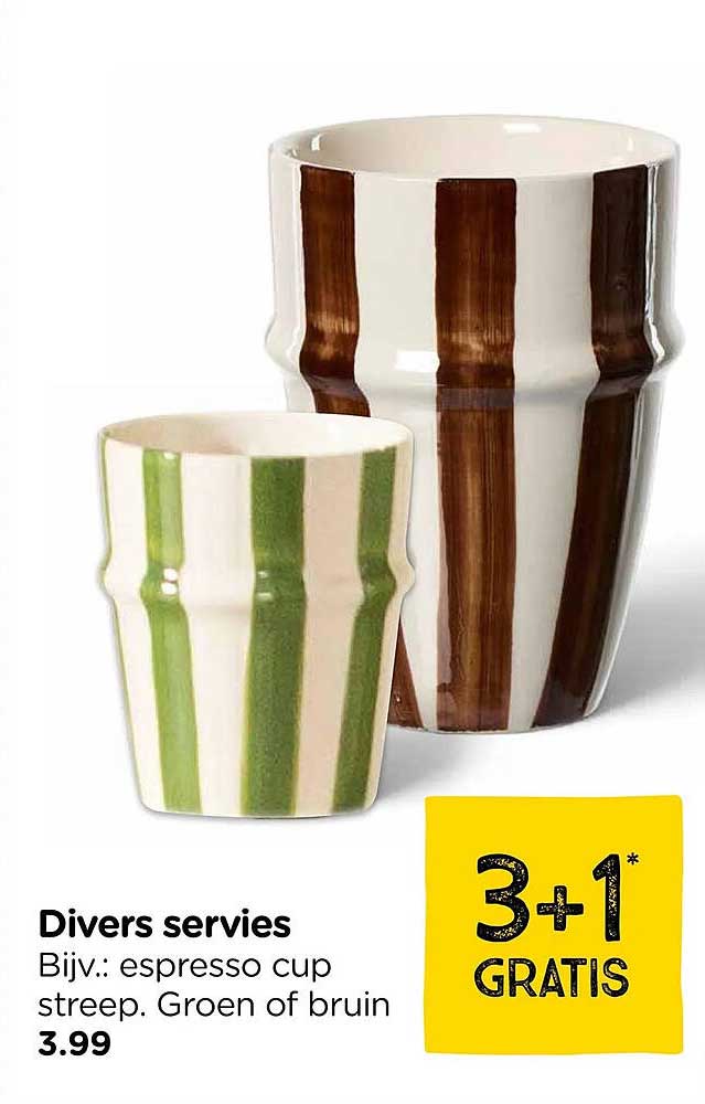 Divers servies Bijv.: espresso cup streep. Groen of bruin 3+1 GRATIS