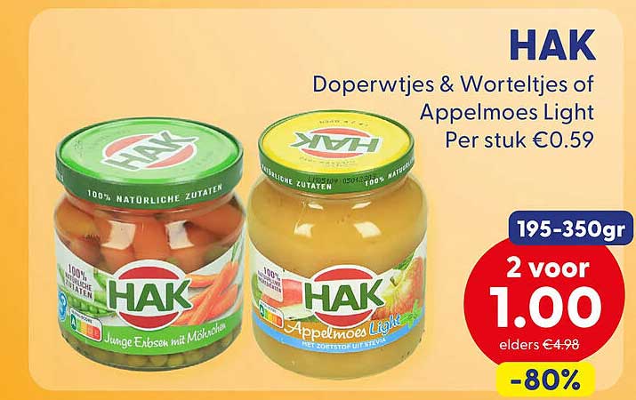 Doperwtjes & Worteltjes of Appelmoes Light 195-350gr 2 voor 1.00 -80%