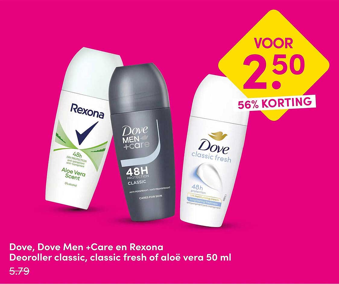 Dove, Dove Men +Care en Rexona Deoroller classic, classic fresh of aloë vera 50 ml 56% KORTING