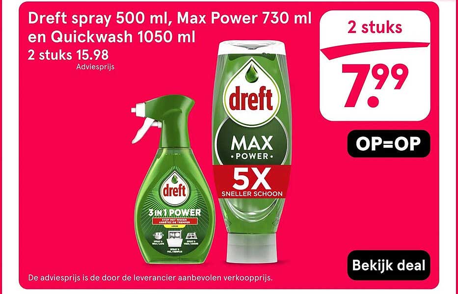 Dreft spray 500 ml, Max Power 730 ml en Quickwash 1050 ml
