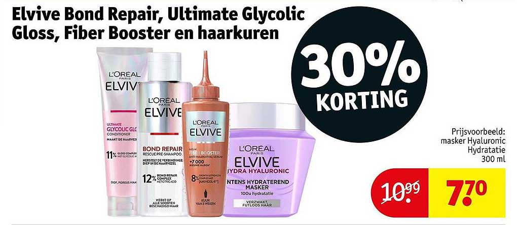 Elvive Bond Repair, Ultimate Glycolic Gloss, Fiber Booster en haarkuuren 30% korting