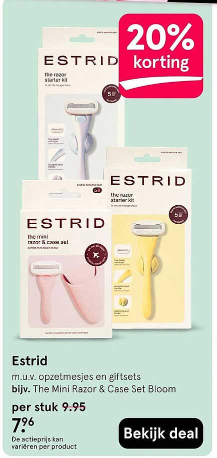 Estrid m.u.v. opzetmesjes en giftsets bijv. The Mini Razor & Case Set Bloom 20% korting