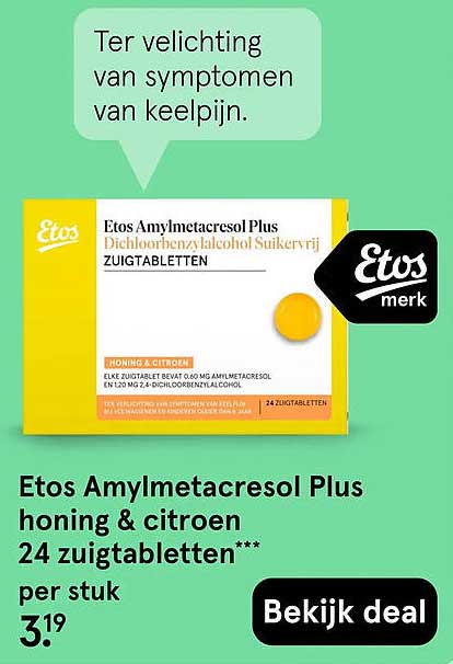 Etos Amylmetacresol Plus honing & citroen 24 zuigtabletten*** per stuk