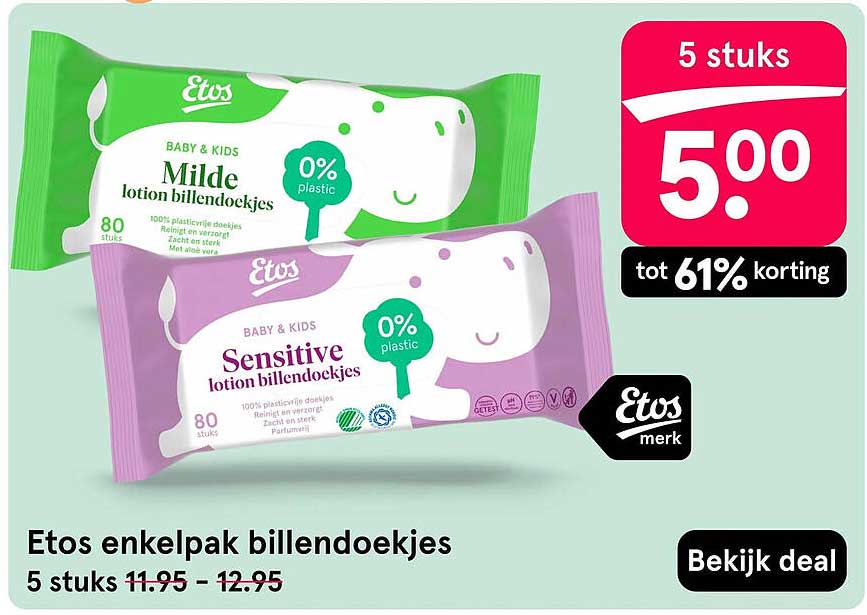 Etos enkelpak billendoekjes 5 stuks tot 61% korting