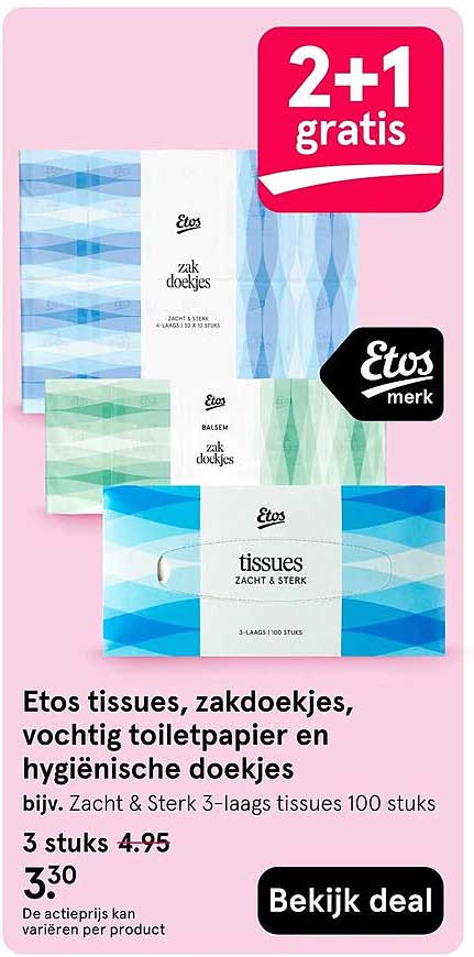Etos tissues, zakdoekjes, vochtig toiletpapier en hygiënische doekjes 2+1 gratis