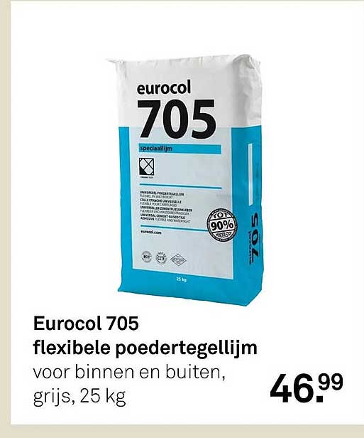 Eurocol 705 flexibele poedertegellijm voor binnen en buiten, grijs, 25 kg