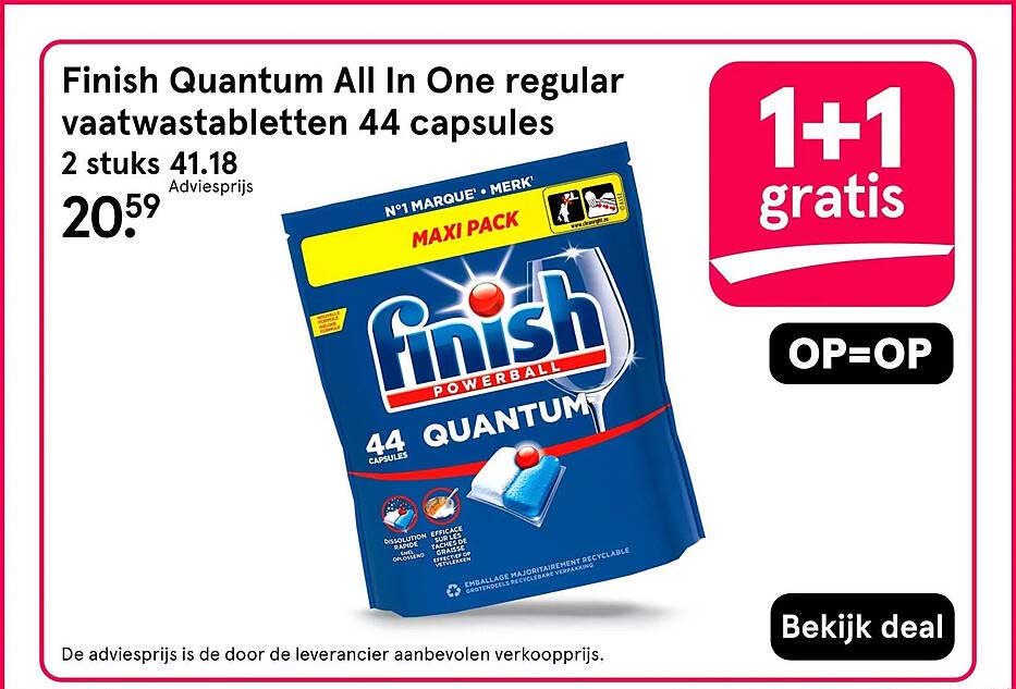 Finish Quantum All In One regular vaatwastabletten 44 capsules 1+1 gratis