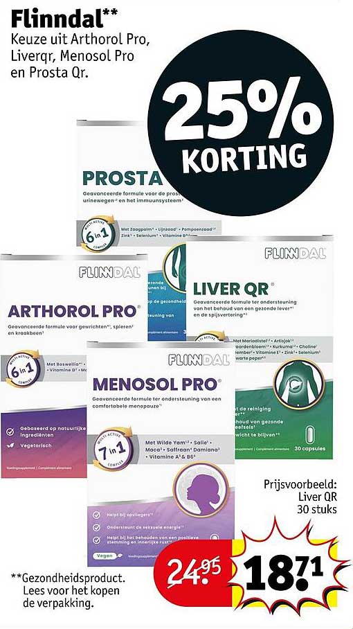 Flindal** Keuze uit Arthorol Pro, Liver QR, Menosol Pro en Prosta Qr. 25% KORTING