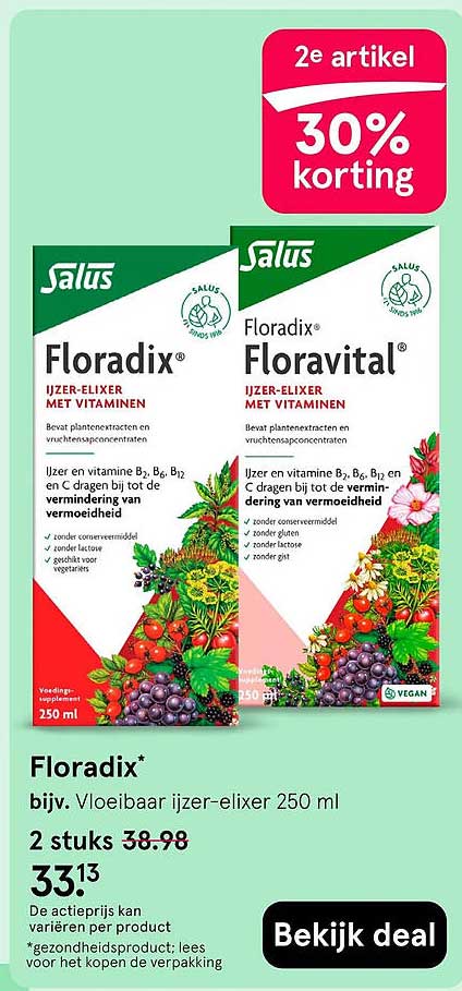 Floradix* bijv. Vloeibaar ijzer-elixer 250 ml 2e artikel 30% korting