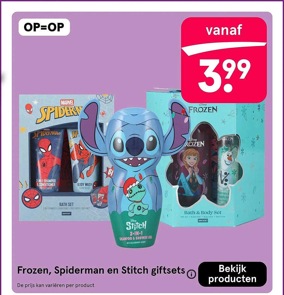 Frozen, Spiderman en Stitch giftsets
