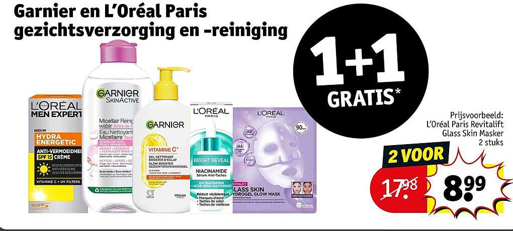 Garnier en L’Oréal Paris gezichtsverzorging en -reiniging 1+1 GRATIS*