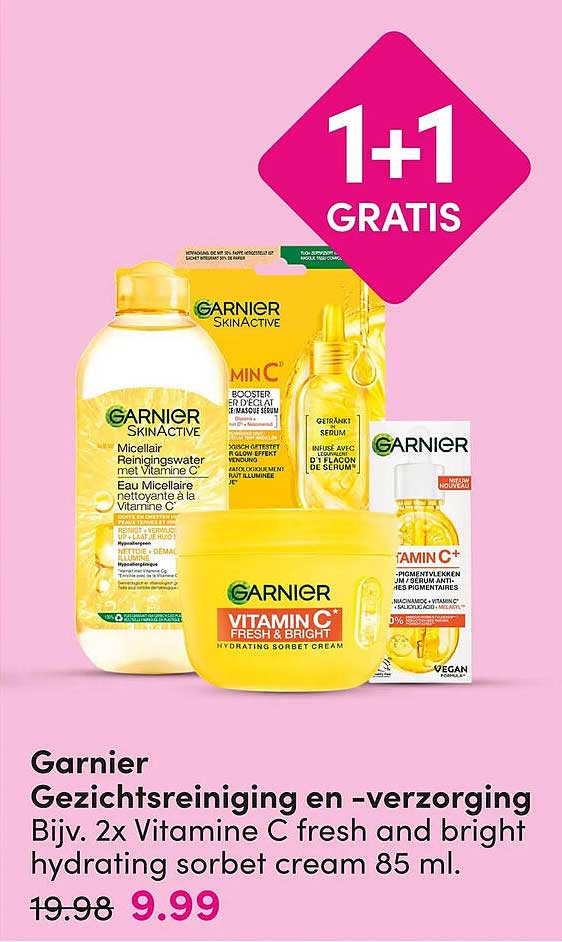 Garnier Gezichtsreiniging en -verzorging Bijv. 2x Vitamine C fresh and bright hydrating sorbet cream 85 ml. 1+1 gratis