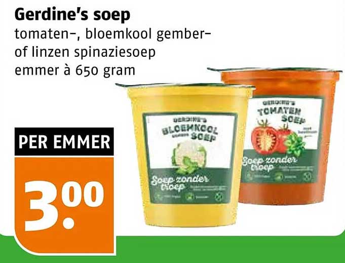 Gerdine's soep tomaten-, bloemkool gember- of linzen spinaziesoep emmer à 650 gram