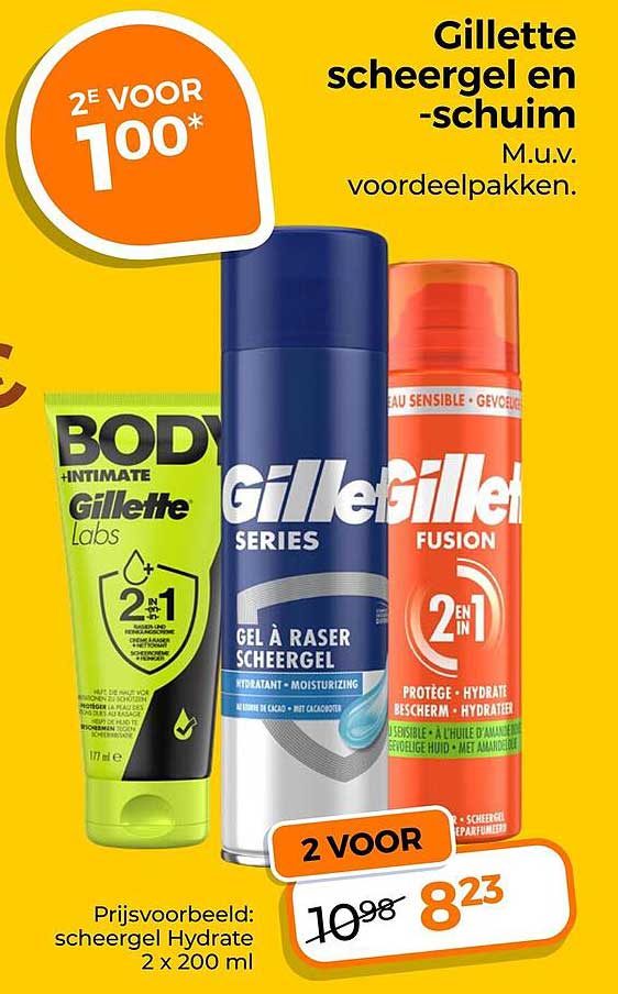 Gillette scheergel en -schuim M.u.v. voordeelpakken. 2 VOOR
