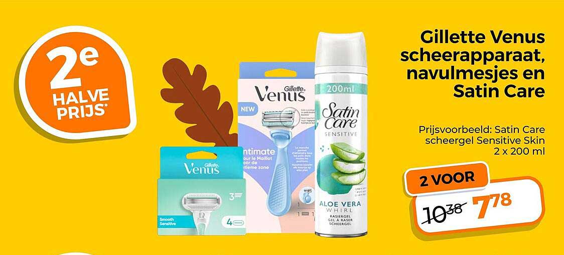 Gillette Venus scheerapparaat, navulmesjes en Satin Care 2e halve prijs