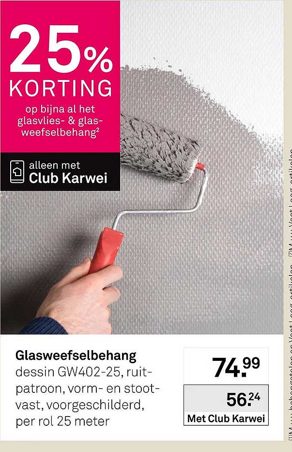 Glasweefselbehang dessin GW402-25, ruit-patroon, vorm- en stootvast, voorgeschilderd, per rol 25 meter
