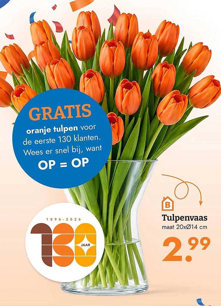 GRATIS oranje tulpen voor de eerste 130 klanten. Wees er snel bij, want OP = OP