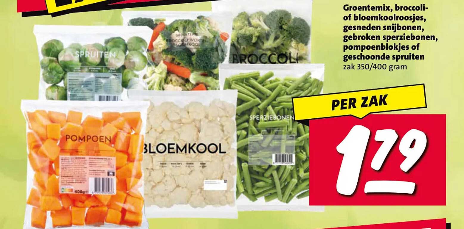 Groentemix, broccoli- of bloemkoolroosjes, gesneden snijbonen, gebroken sperziebonen, pompoenblokjes of geschoonde spruiten zak 350/400 gram PER ZAK