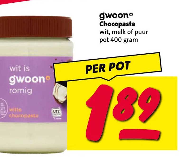 g'woon Chocopasta wit, melk of puur pot 400 gram PER POT