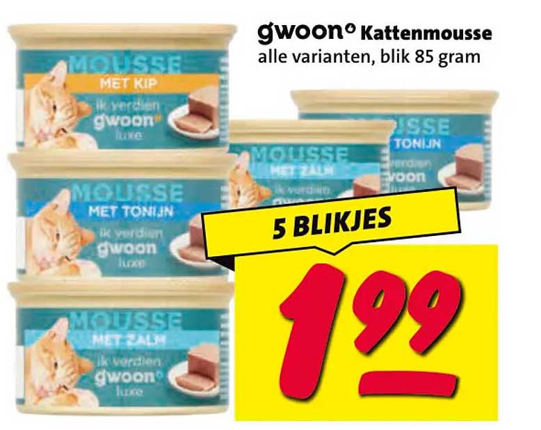 g'woon Kattenmousse alle varianten, blik 85 gram 5 blikjes