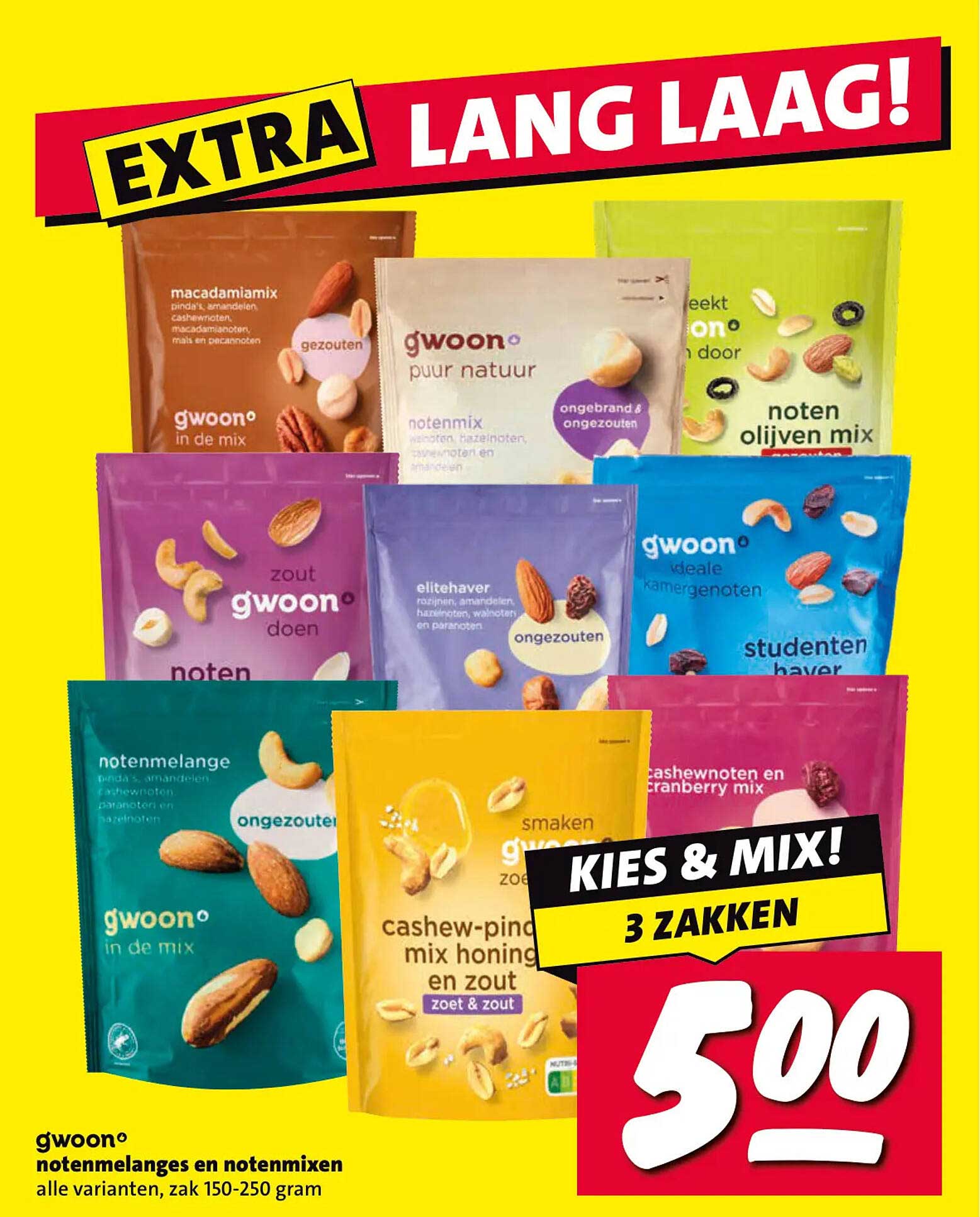 g'woon notenmenges en notenmixen alle varianten, zak 150-250 gram KIES & MIX! 3 ZAKKEN