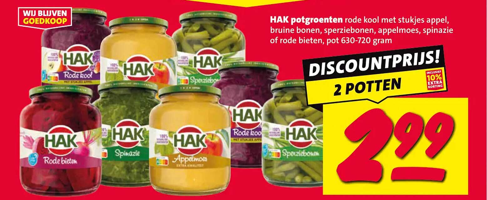 HAK potgroenten rode kool met stukjes appel, bruine bonen, sperziebonen, appelmoes, spinazie of rode bieten, pot 630-720 gram