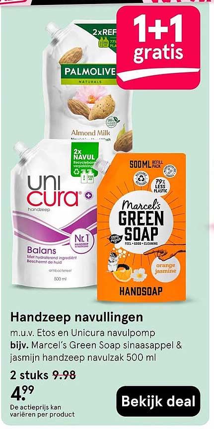 Handzeep navullingen 1+1 gratis