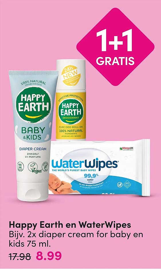 Happy Earth en WaterWipes Bijv. 2x diaper cream for baby en kids 75 ml. 1+1 GRATIS