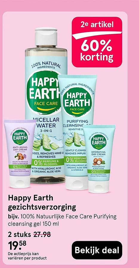 Happy Earth gezichtsverzorging 2e artikel 60% korting