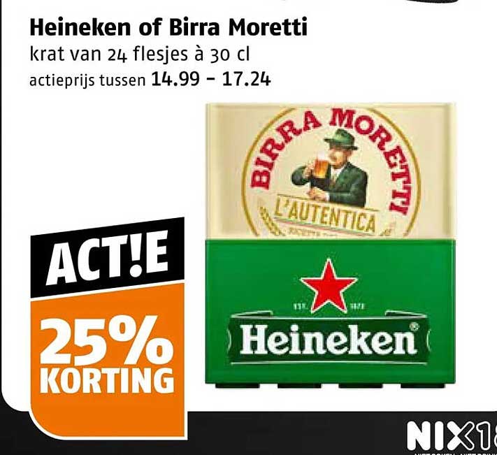 Heineken of Birra Moretti krat van 24 flesjes à 30 cl ACT! 25% KORTING