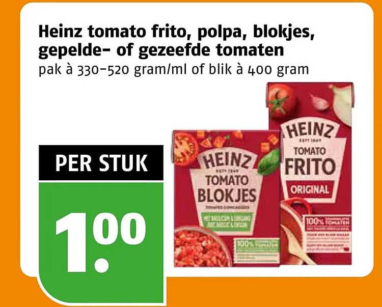 Heinz tomato frito, polpa, blokjes, gepelde- of gezeefde tomaten