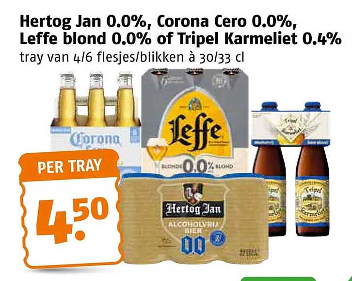 Hertog Jan 0.0%, Corona Cero 0.0%, Leffe blond 0.0% of Tripel Karmeliet 0.4% tray van 4/6 flesjes/blikken à 30/33 cl