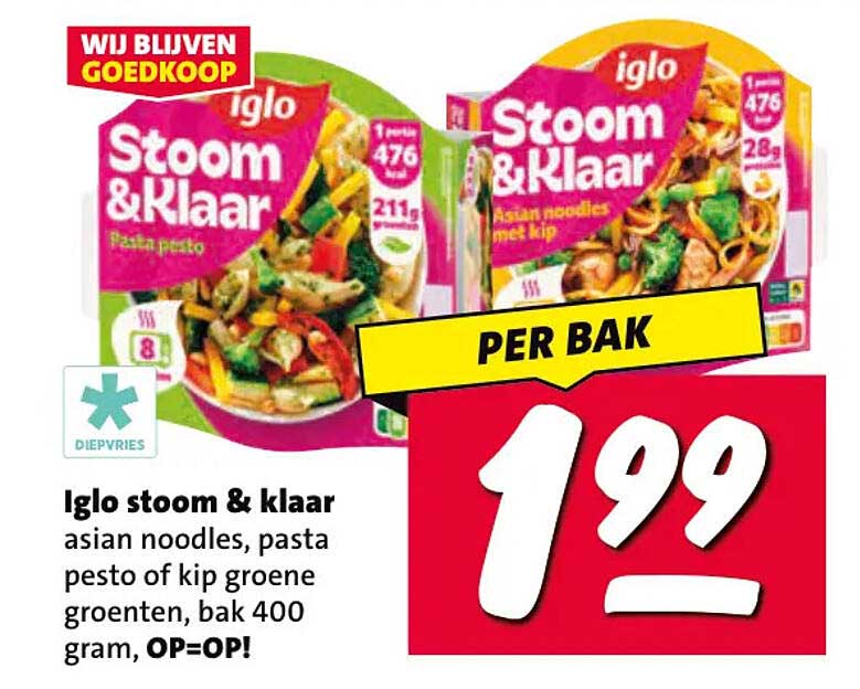 Iglo stoom & klaar asian noodles, pasta pesto of kip groene groenten, bak 400 gram, OP=OP!
