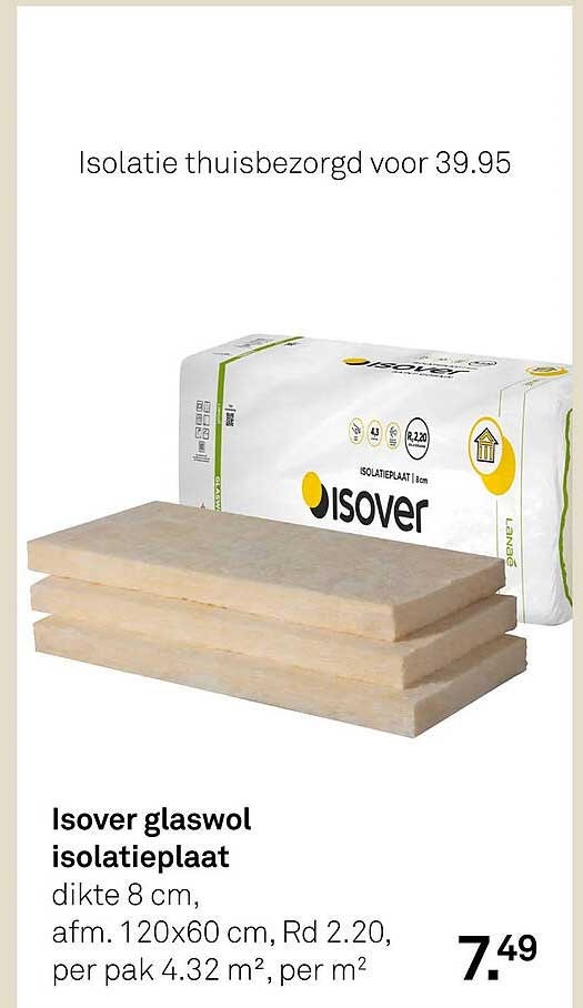Isover glaswol isolatieplaat dikte 8 cm, afm. 120x60 cm, Rd 2.20, per pak 4.32 m², per m²