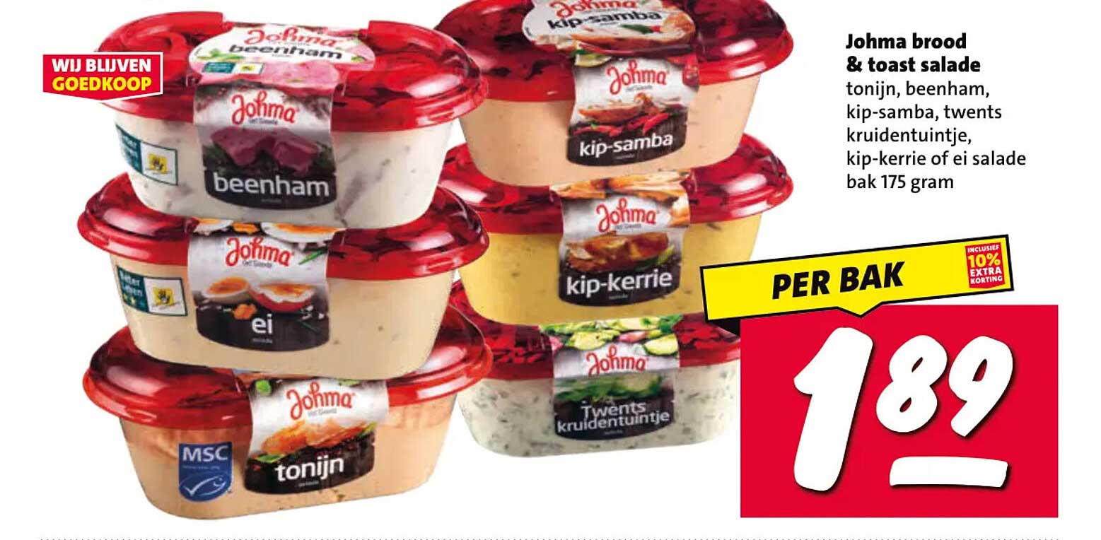 Johma brood & toast salade tonijn, beenham, kip-samba, twents kruidentuintje, kip-kerrie of ei salade bak 175 gram