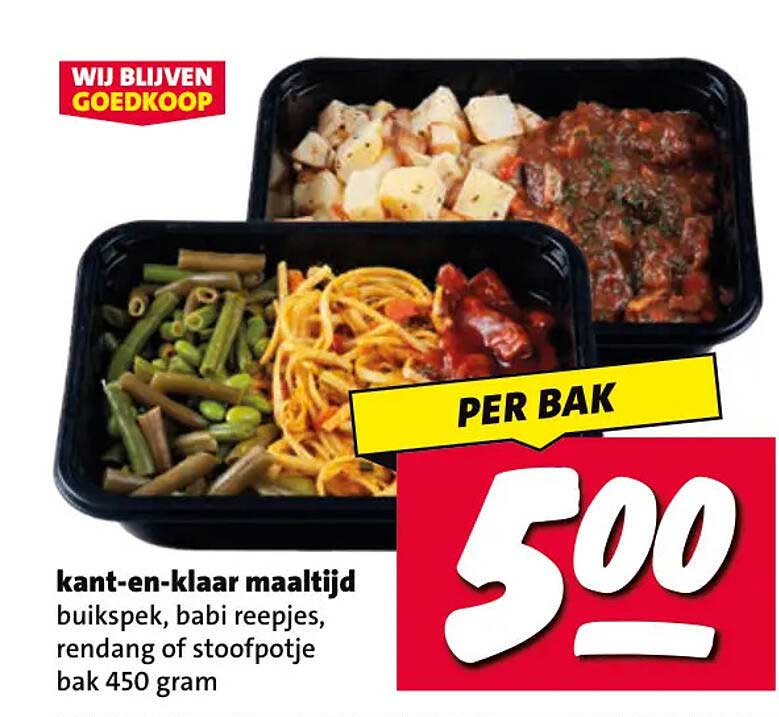 kant-en-klaar maaltijd buikspek, babi reepjes, rendang of stoofpotje bak 450 gram PER BAK