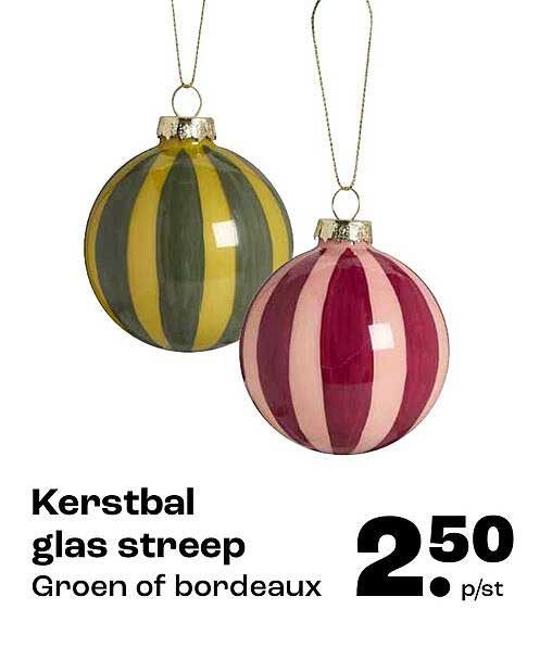 Kerstbal glas streep Groen of bordeaux