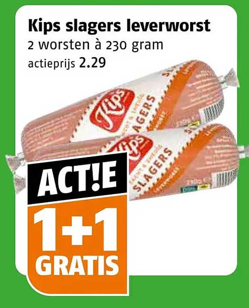 Kips slagers leverworst 2 worsten à 230 gram ACT!E 1+1 GRATIS