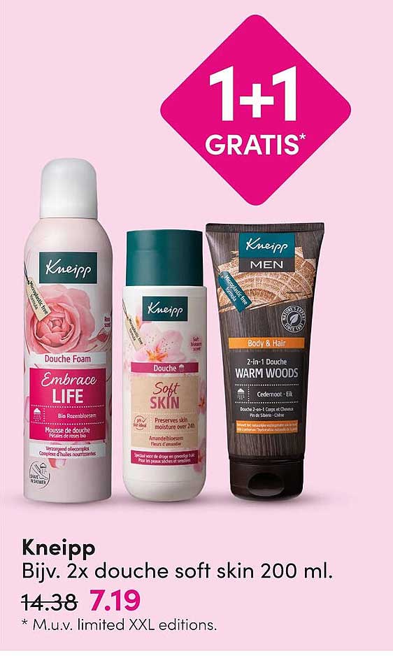 Kneipp Bijv. 2x douche soft skin 200 ml. 1+1 GRATIS*