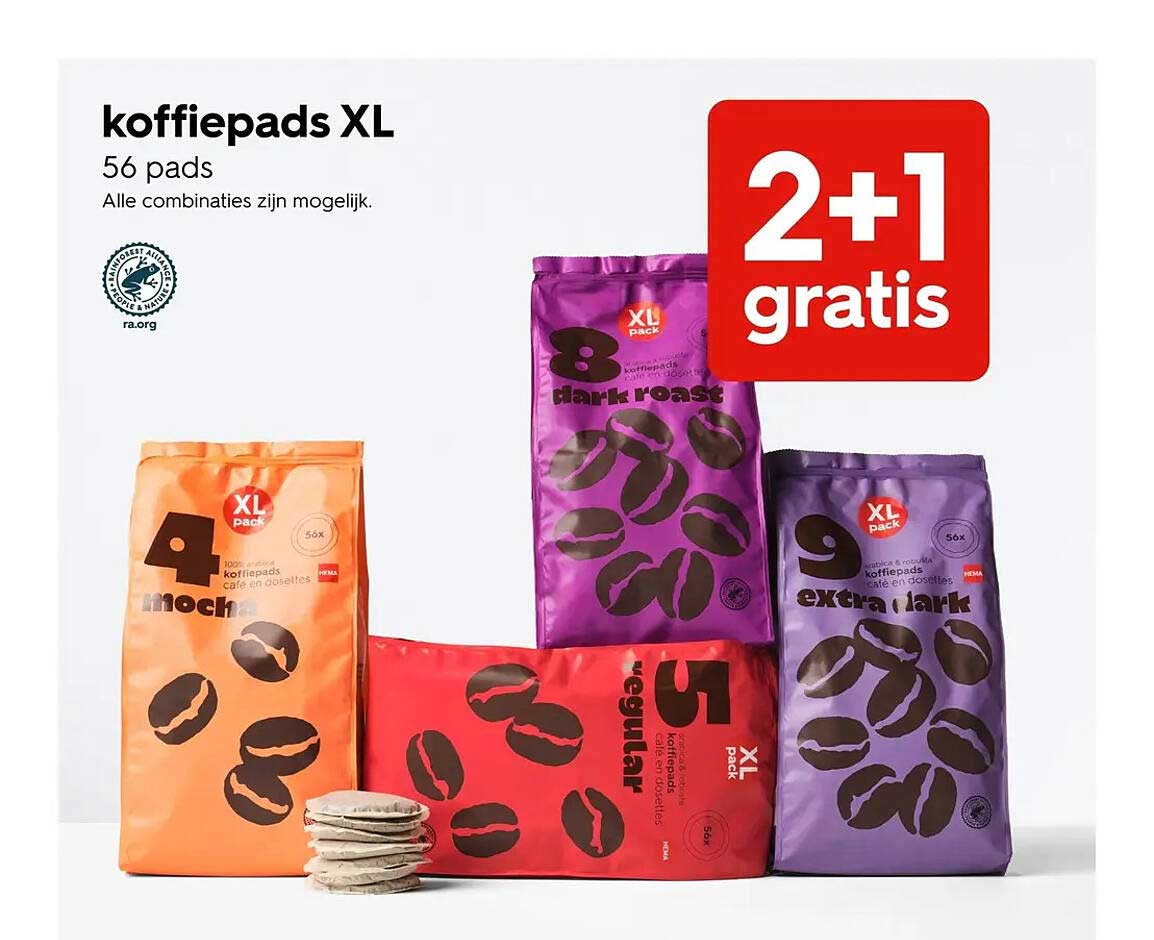koffiepads XL 56 pads 2+1 gratis