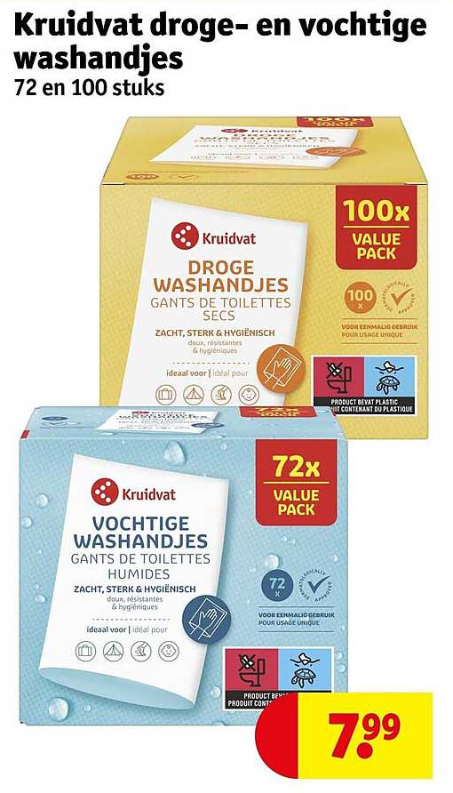 Kruidvat droge- en vochtige washandjes 72 en 100 stuks