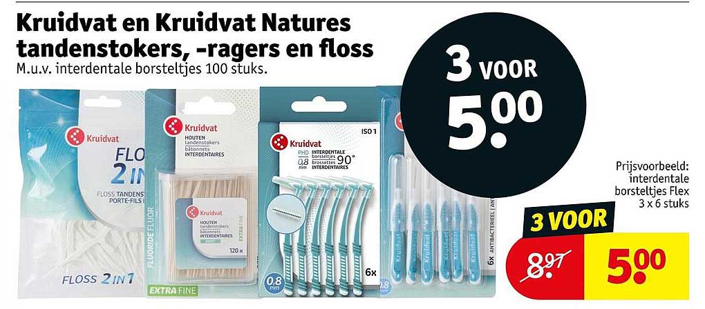 Kruidvat en Kruidvat Natures tandenstokers, -ragers en floss 3 voor 5.00