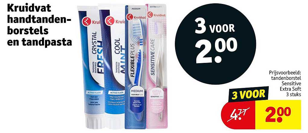 Kruidvat handtandenborstels en tandpasta 3 voor 2.00
